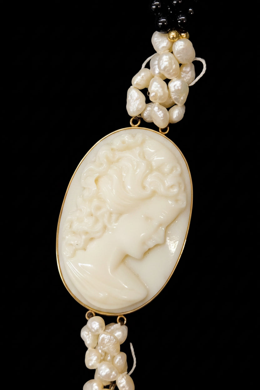 Long Beaded Cameo Necklace