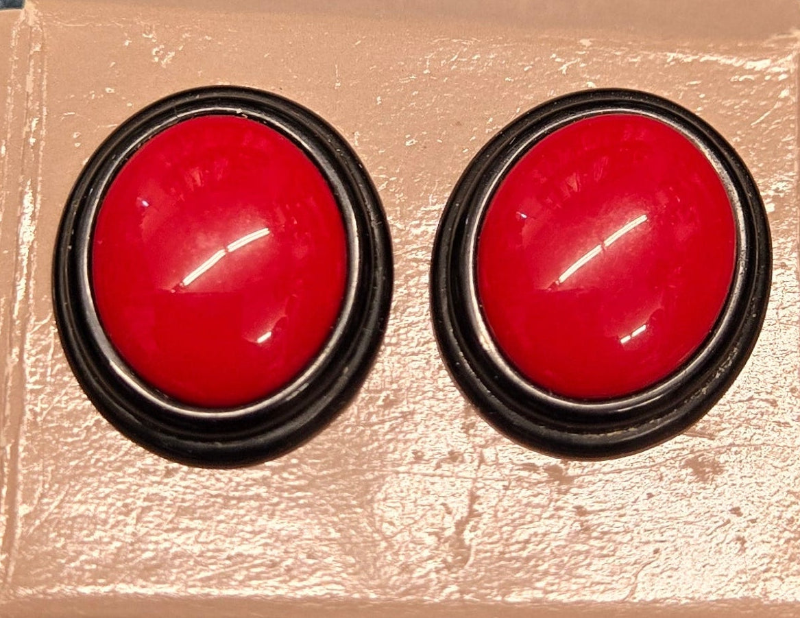 Vintage Red and Black Button Earrings
